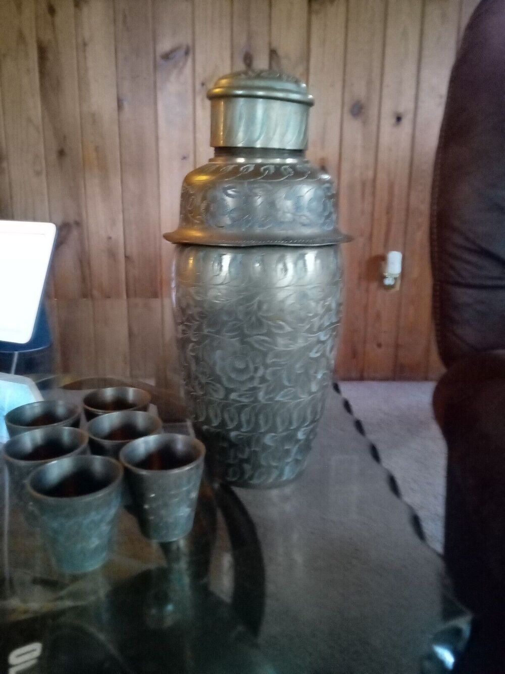 Antique Hand Etched Brass Cocktail Martini Shaker With 6 Matching Shot Glasses